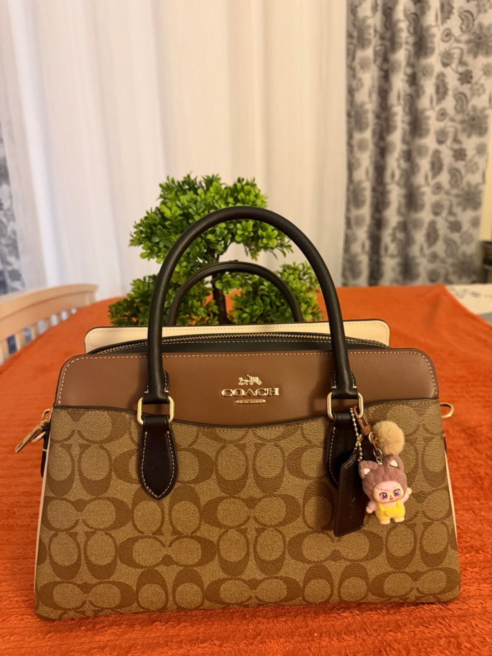 Coach Brown Signature Canvas Satchel with Black Trim - Picture 3 of 16